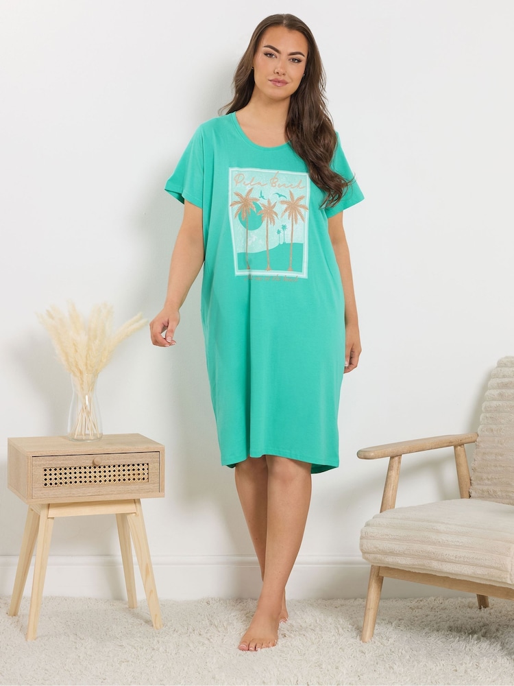 Yours Curve Green Palm Beach Dipped Back Nightdress - Image 2 of 5