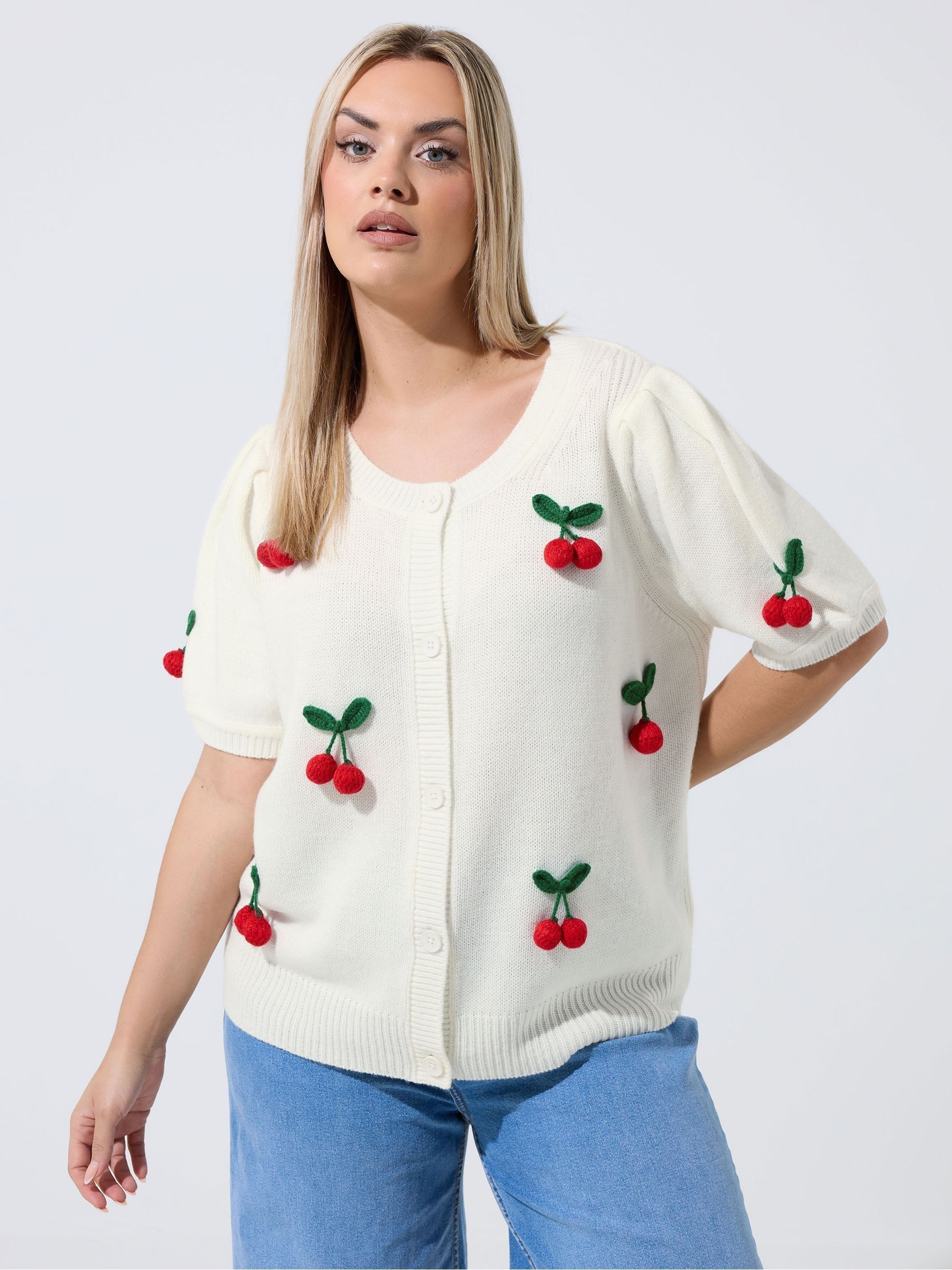 Yours Curve Women's Natural Limited Cherry 3D Knitted Cardigan