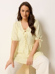 Yours Curve Yellow Tie Front Broderie Peplum Top - Image 1 of 5