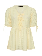 Yours Curve Yellow Tie Front Broderie Peplum Top - Image 5 of 5