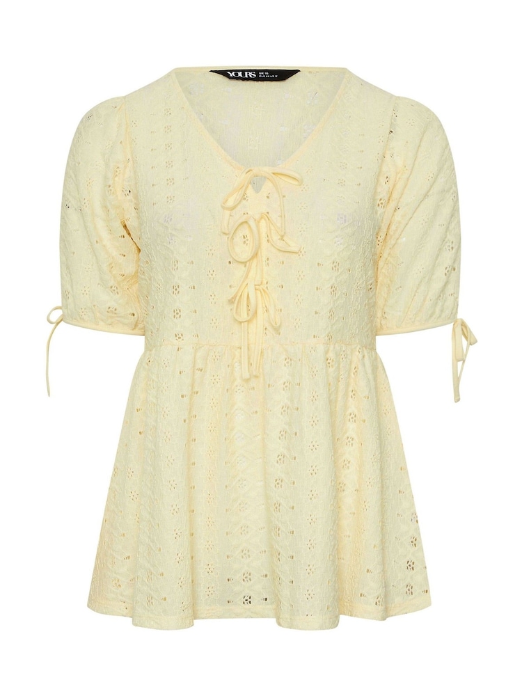 Yours Curve Yellow Tie Front Broderie Peplum Top - Image 5 of 5