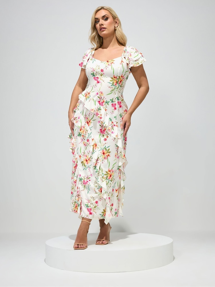 Yours Curve White London Floral Ruffle Sweetheart Dress - Image 1 of 5