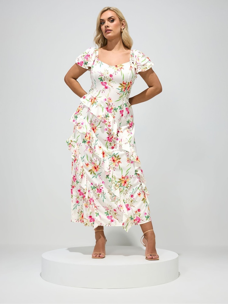 Yours Curve White London Floral Ruffle Sweetheart Dress - Image 2 of 5