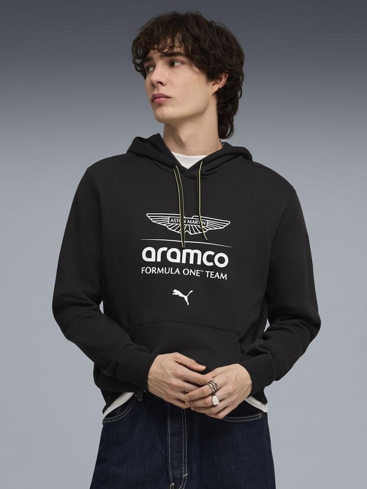 Puma Black Puma Aston Martin Aramco F1 Team Essentials Hoodie - Image 1 of 5 Puma Black Puma Aston Martin Aramco F1 Team Essentials Hoodie - Image 1 of 5