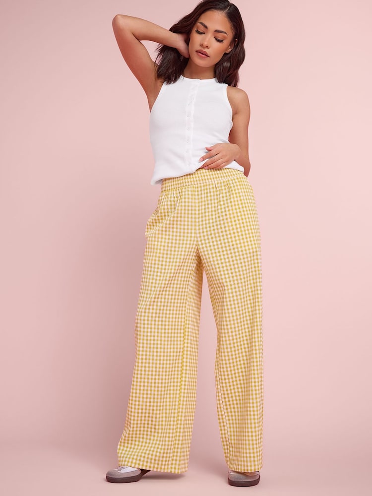 PixieGirl Petite Yellow Gingham Wide Leg Trousers - Image 1 of 2
