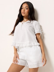 PixieGirl Petite White Short Sleeve Broderie Trim Tie Front Top - Image 1 of 5