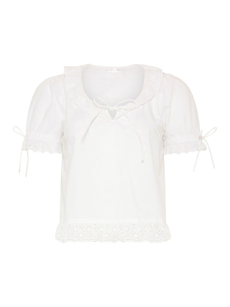PixieGirl Petite White Short Sleeve Broderie Trim Tie Front Top - Image 5 of 5