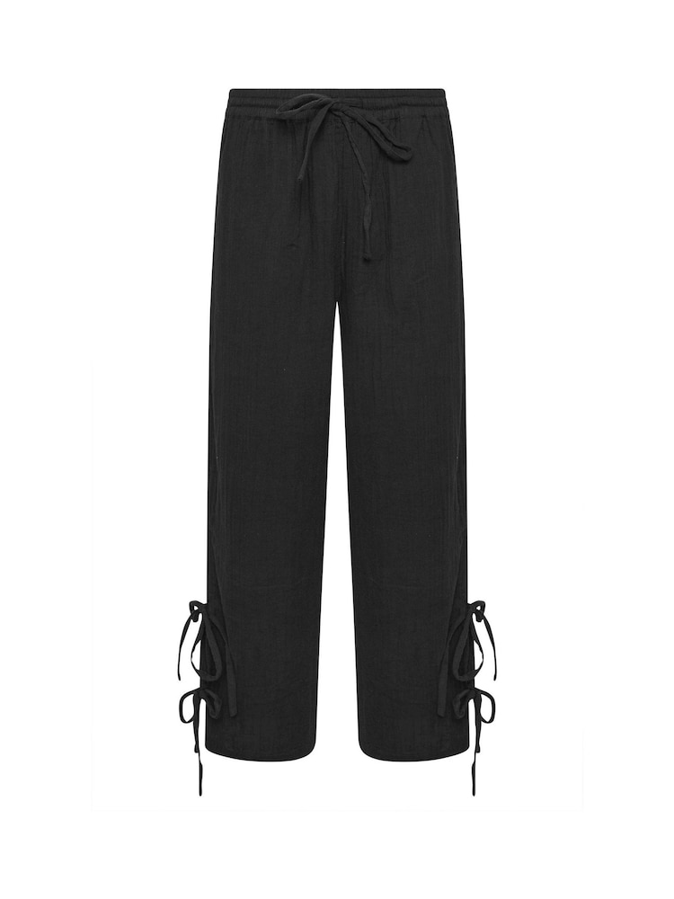 PixieGirl Petite Black Cheesecloth Tie Side Wide Leg Trousers - Image 4 of 4
