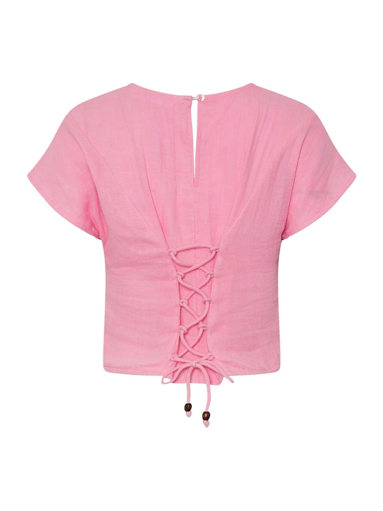 PixieGirl Petite Pink Cheesecloth Lace Back Top - Image 4 of 4 PixieGirl Petite Pink Cheesecloth Lace Back Top - Image 4 of 4