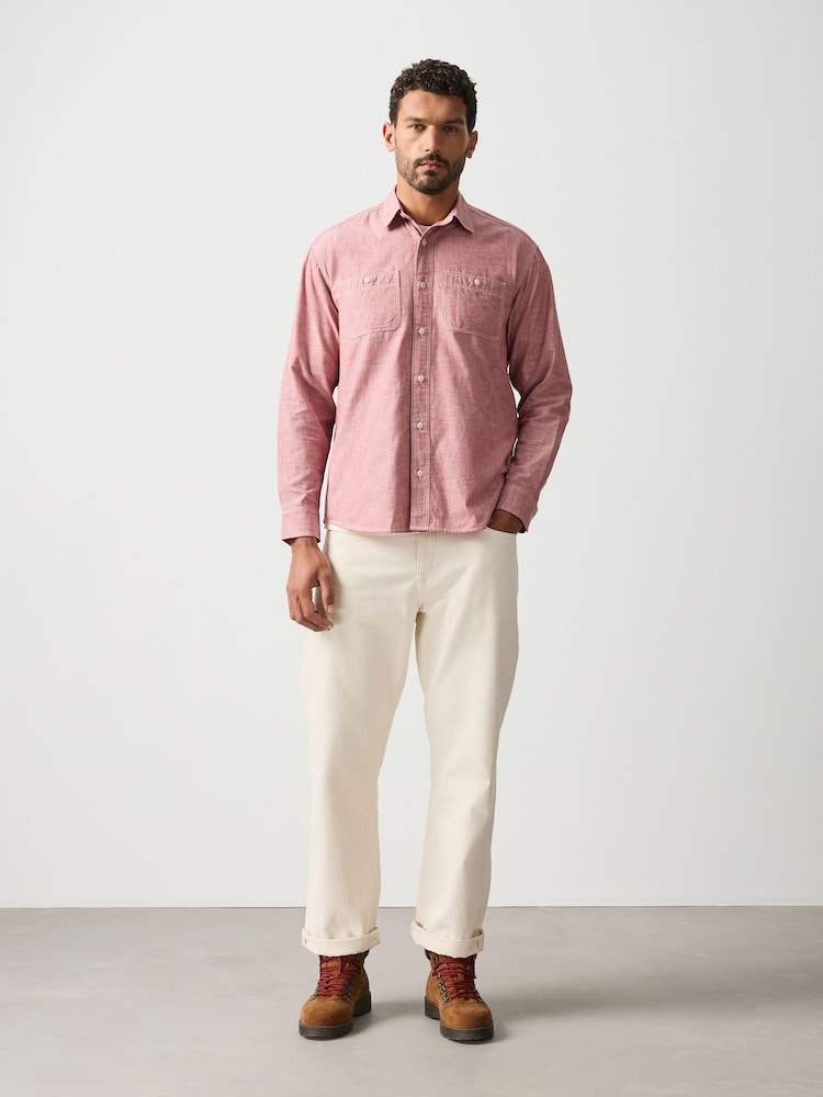 Burgundy Red Chambray Twin Pocket Long Sleeve Shirt - Image 2 of 10 Burgundy Red Chambray Twin Pocket Long Sleeve Shirt - Image 2 of 10