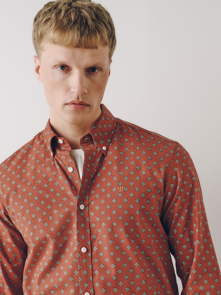 Burgunderrot - Print Stretch Oxford Slim Fit Long Sleeve Shirt - Bild 1 von 10