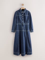 Dark Blue Long Sleeve Midi Denim Shirt Dress - Image 1 of 3