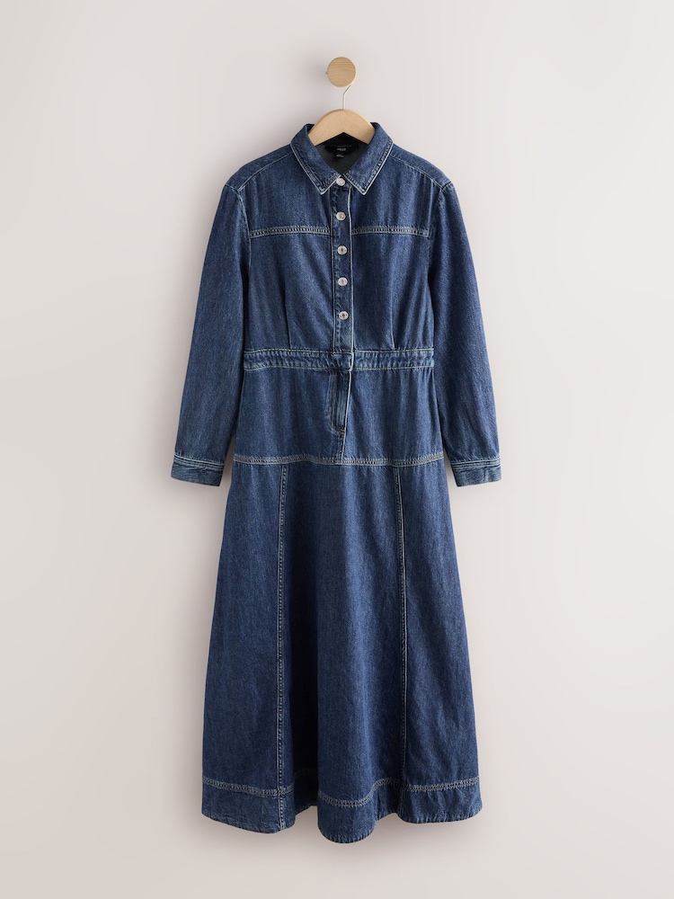 Dark Blue Long Sleeve Midi Denim Shirt Dress - Image 1 of 3 Dark Blue Long Sleeve Midi Denim Shirt Dress - Image 1 of 3