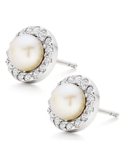 Beaverbrooks Silver Tone Beaverbrooks Silver Cubic Zirconia Freshwater Cultured Pearl Earrings - Image 2 of 5