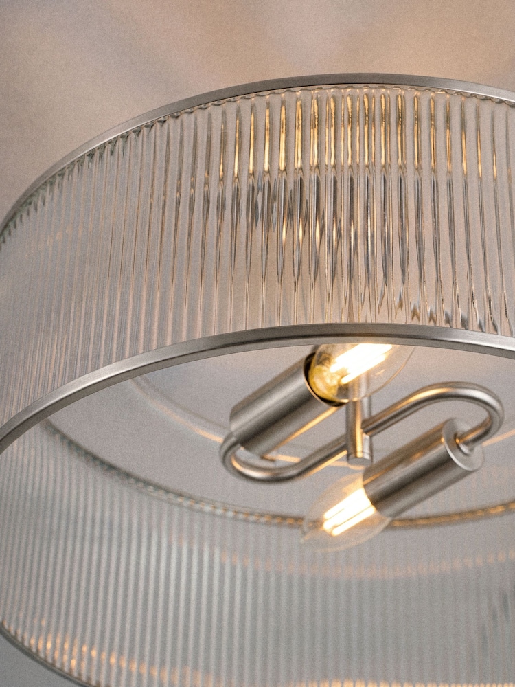 The Set 2 Pack Brushed Silver Ribbed Glass 2 Light Flush Ceiling Lights - Image 6 of 6