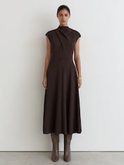 Reiss Grape Burgundy Alma High-Neck Pleat-Detail Midi Dress - Image 1 of 6