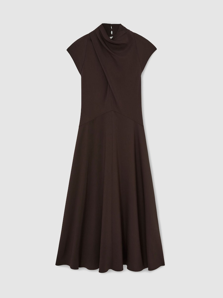 Reiss Grape Burgundy Alma High-Neck Pleat-Detail Midi Dress - Image 2 of 6