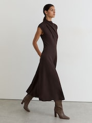 Reiss Grape Burgundy Alma High-Neck Pleat-Detail Midi Dress - Image 3 of 6