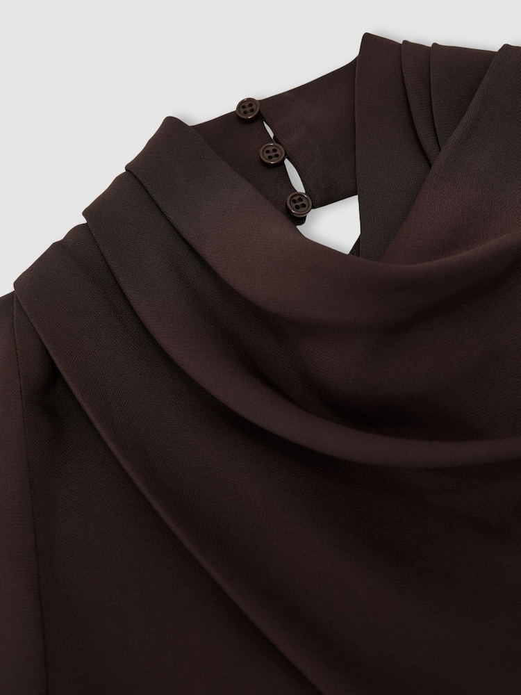 Reiss Grape Burgundy Alma High-Neck Pleat-Detail Midi Dress - Image 6 of 6