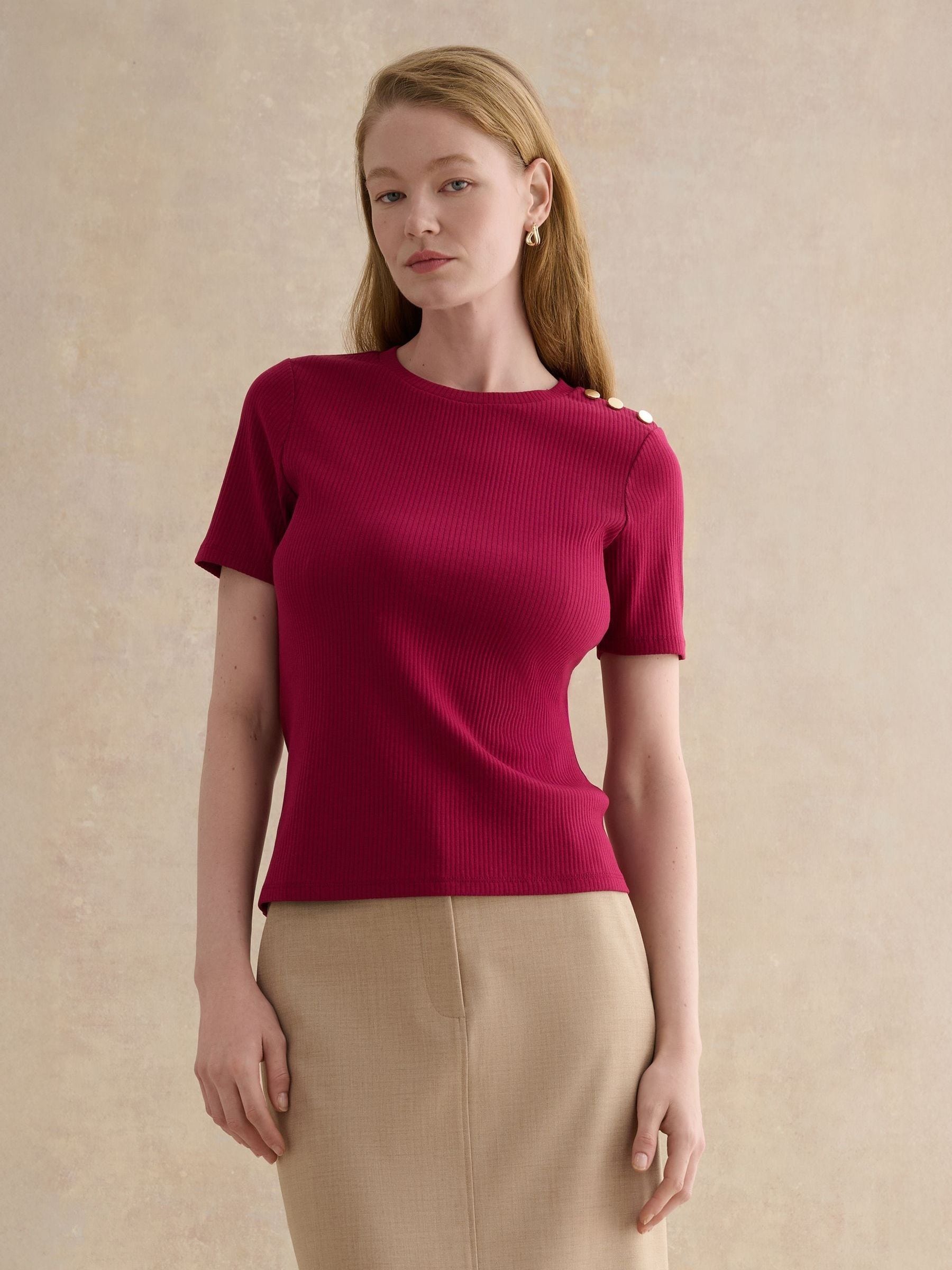 Hobbs London Women's Cerise Tamsin Button Detail T-Shirt In | Size: Small - Image 1