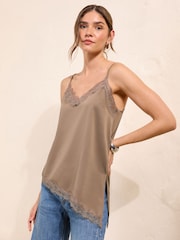 Friends Like These Brown Lace Trim Satin Asymmetric Cami - Image 1 of 4