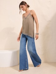 Friends Like These Brown Lace Trim Satin Asymmetric Cami - Image 2 of 4