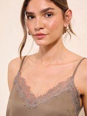 Friends Like These Brown Lace Trim Satin Asymmetric Cami - Image 3 of 4