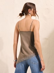 Friends Like These Brown Lace Trim Satin Asymmetric Cami - Image 4 of 4