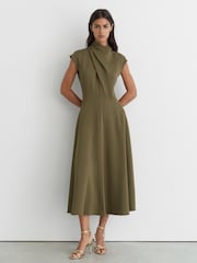 Reiss Khaki Green Alma High-Neck Pleat-Detail Midi Dress - Image 1 of 7