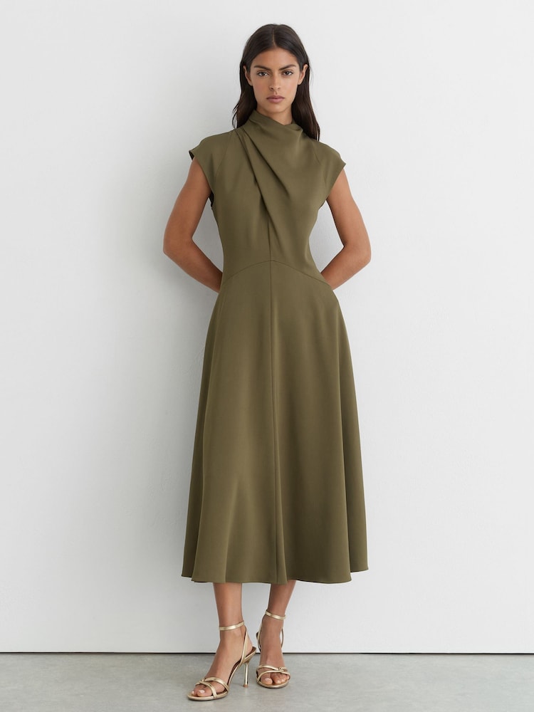 Reiss Khaki Green Alma High-Neck Pleat-Detail Midi Dress - Image 1 of 7