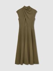 Reiss Khaki Green Alma High-Neck Pleat-Detail Midi Dress - Image 2 of 7