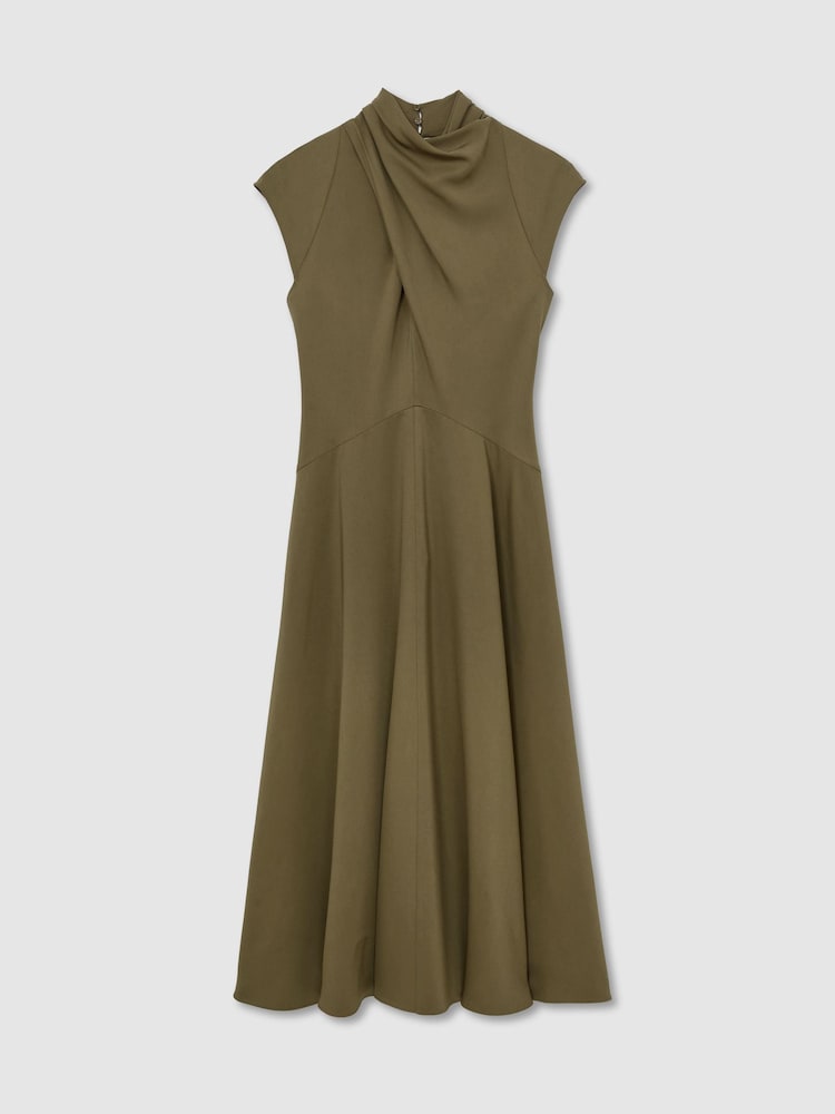 Reiss Khaki Green Alma High-Neck Pleat-Detail Midi Dress - Image 2 of 7