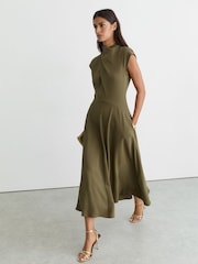 Reiss Khaki Green Alma High-Neck Pleat-Detail Midi Dress - Image 3 of 7