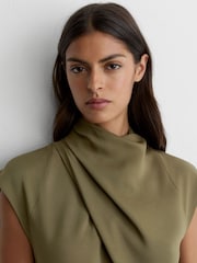 Reiss Khaki Green Alma High-Neck Pleat-Detail Midi Dress - Image 4 of 7