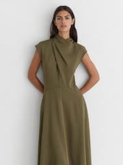 Reiss Khaki Green Alma High-Neck Pleat-Detail Midi Dress - Image 5 of 7