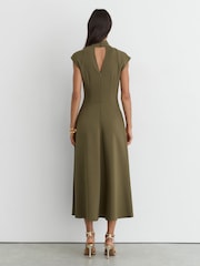 Reiss Khaki Green Alma High-Neck Pleat-Detail Midi Dress - Image 6 of 7