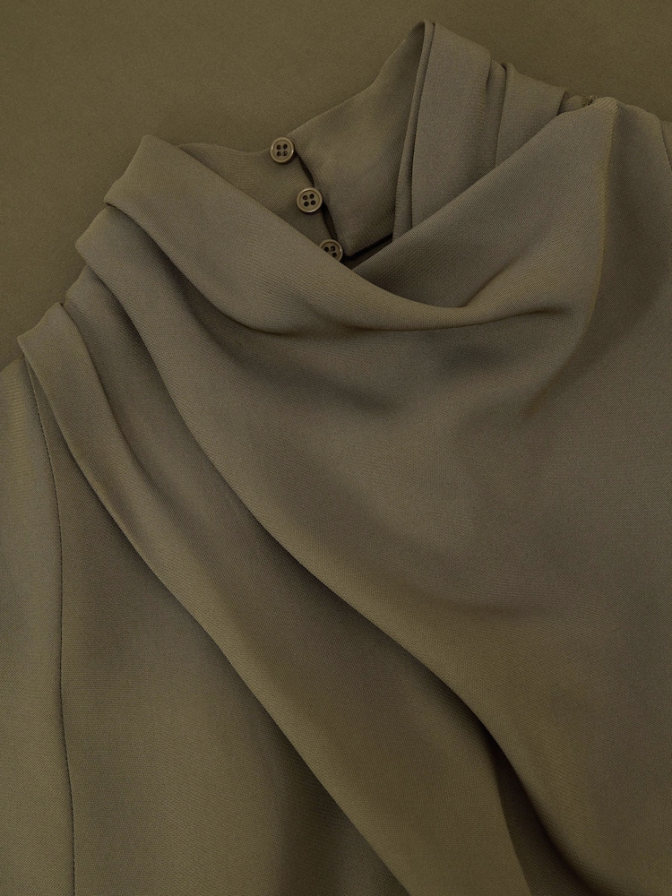 Reiss Khaki Green Alma High-Neck Pleat-Detail Midi Dress - Image 7 of 7