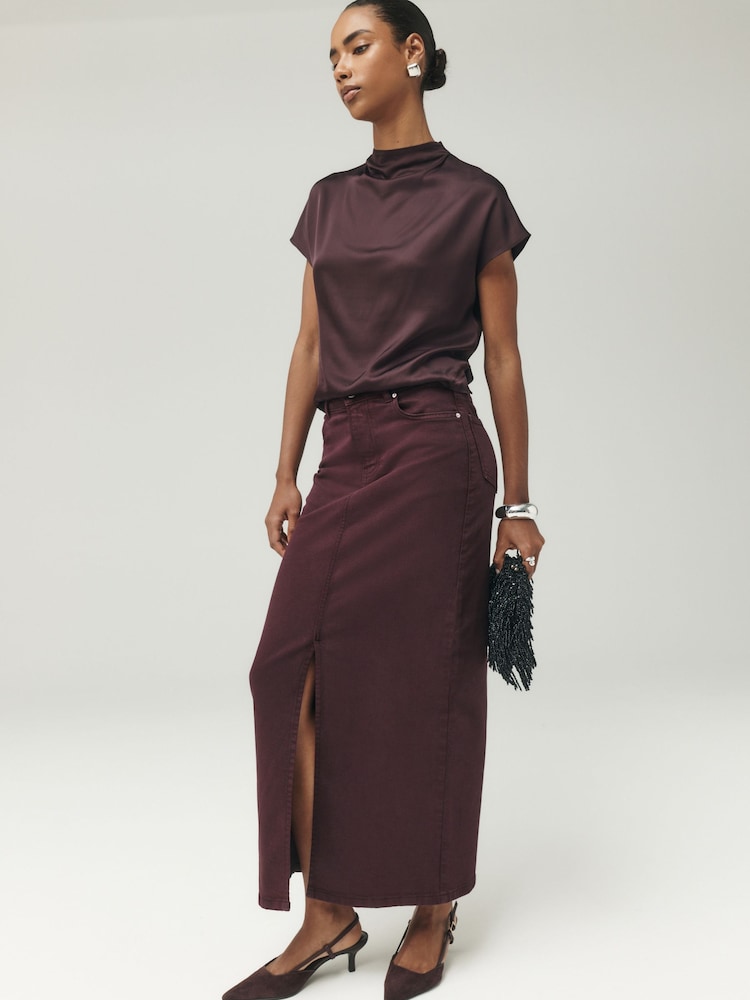 Burgundy Red Split Front Denim Midi Skirt - Image 1 of 7 Burgundy Red Split Front Denim Midi Skirt - Image 1 of 7