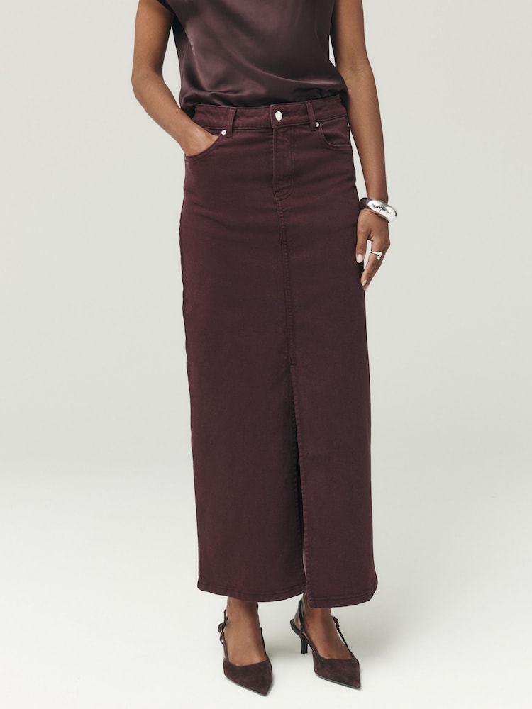 Burgundy Red Split Front Denim Midi Skirt - Image 2 of 7 Burgundy Red Split Front Denim Midi Skirt - Image 2 of 7