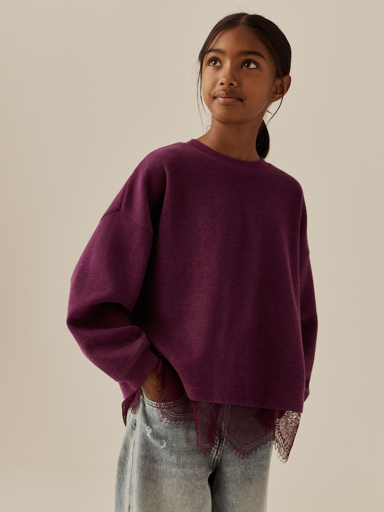 Berry Cosy Rib Lace Hem Sweatshirt (3-16yrs) - Image 1 of 10