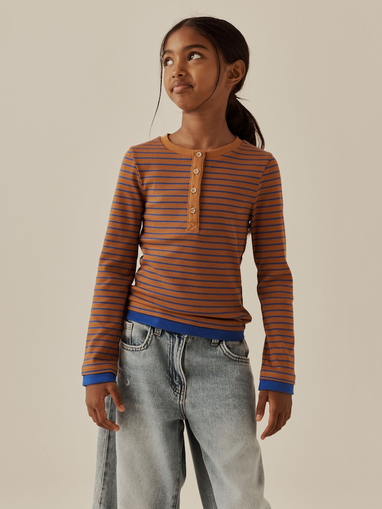 Brown Stripe Long Sleeve Ribbed Henley Top (3-16yrs) - Image 1 of 8 Brown Stripe Long Sleeve Ribbed Henley Top (3-16yrs) - Image 1 of 8