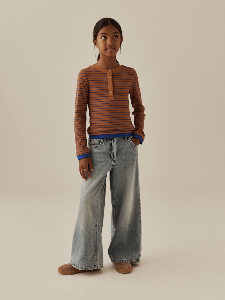 Brown Stripe Long Sleeve Ribbed Henley Top (3-16yrs) - Image 2 of 8 Brown Stripe Long Sleeve Ribbed Henley Top (3-16yrs) - Image 2 of 8