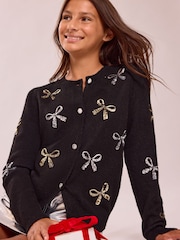 Lipsy Black Bow Sequin Embellished Knit Cardigan (5-16yrs) - Image 1 of 5