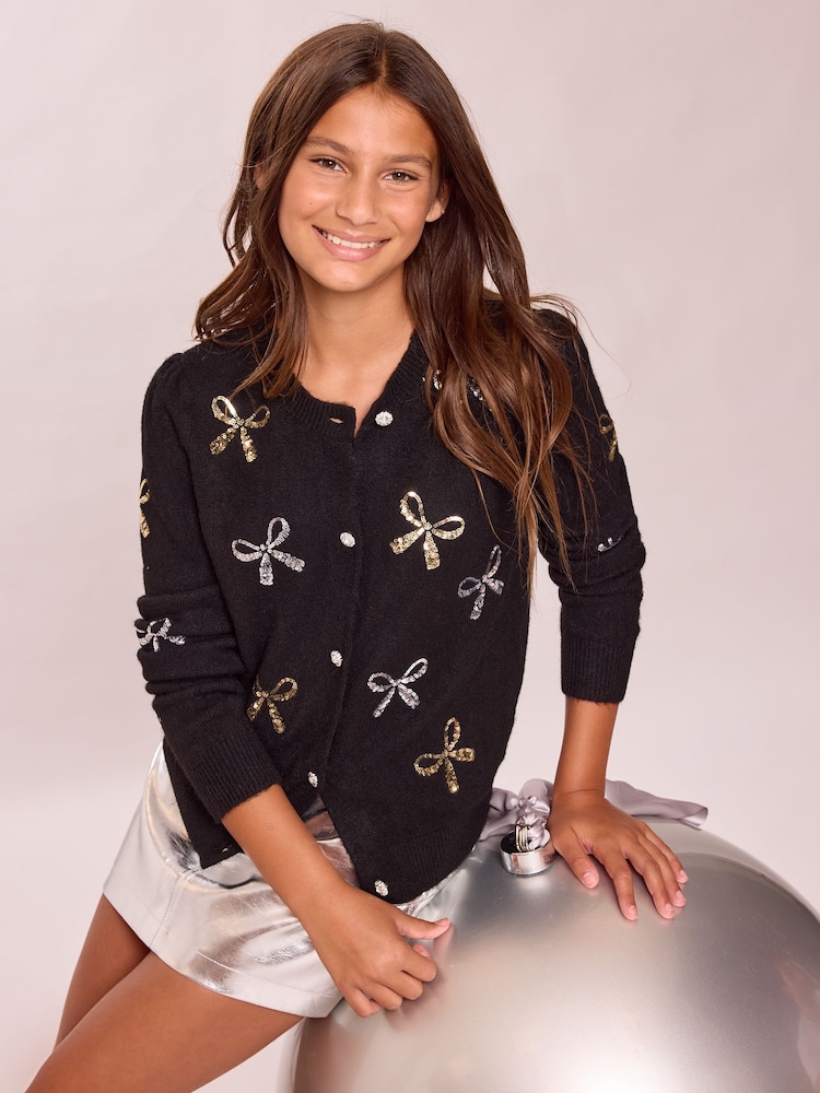 Lipsy Black Bow Sequin Embellished Knit Cardigan (5-16yrs) - Image 2 of 5