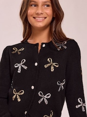 Lipsy Black Bow Sequin Embellished Knit Cardigan (5-16yrs) - Image 3 of 5