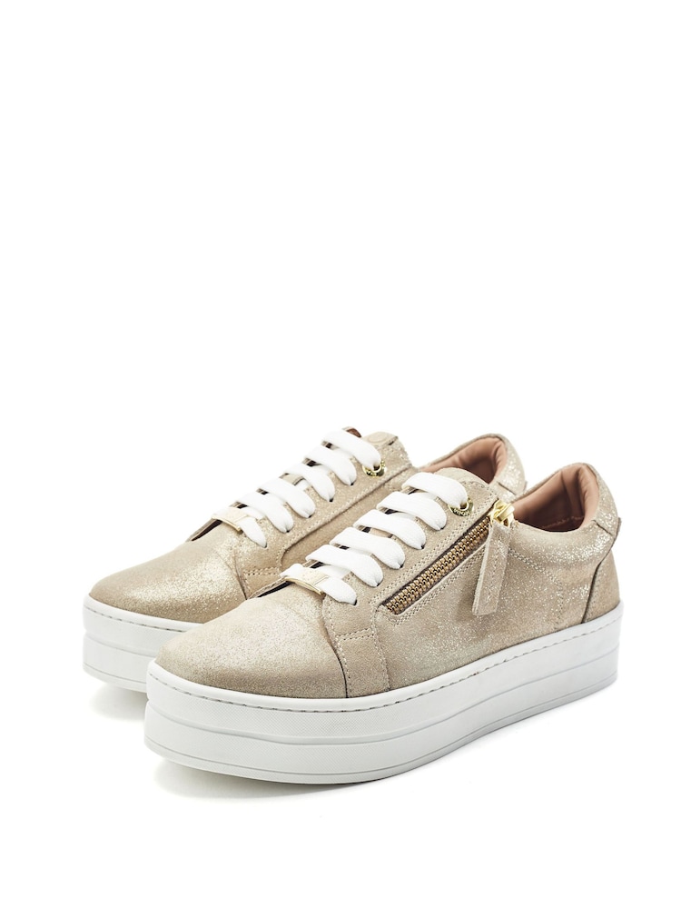 Moda in Pelle Gold Abbee Leather Slab Sole Lace Up Trainers With Zip - Image 2 of 4