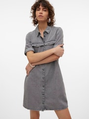 VERO MODA Grey Short Sleeve Button Down Denim Dress - Image 1 of 6