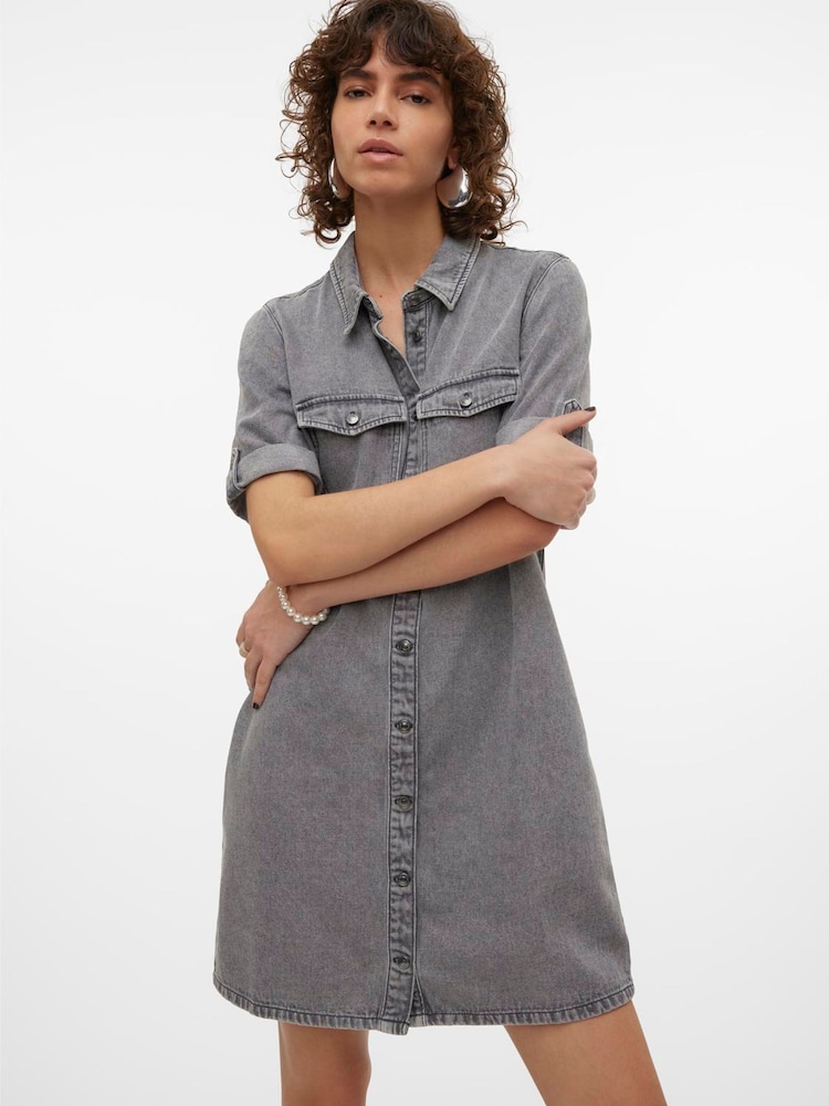 VERO MODA Grey Short Sleeve Button Down Denim Dress - Image 1 of 6 VERO MODA Grey Short Sleeve Button Down Denim Dress - Image 1 of 6