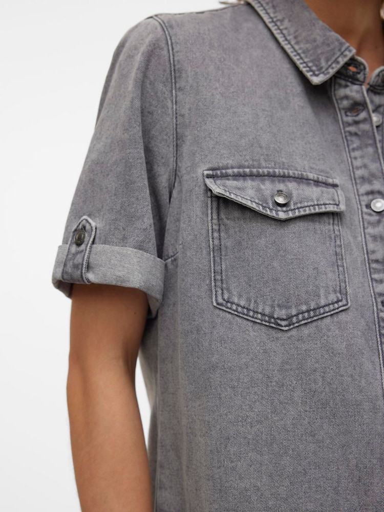 VERO MODA Grey Short Sleeve Button Down Denim Dress - Image 2 of 6 VERO MODA Grey Short Sleeve Button Down Denim Dress - Image 2 of 6