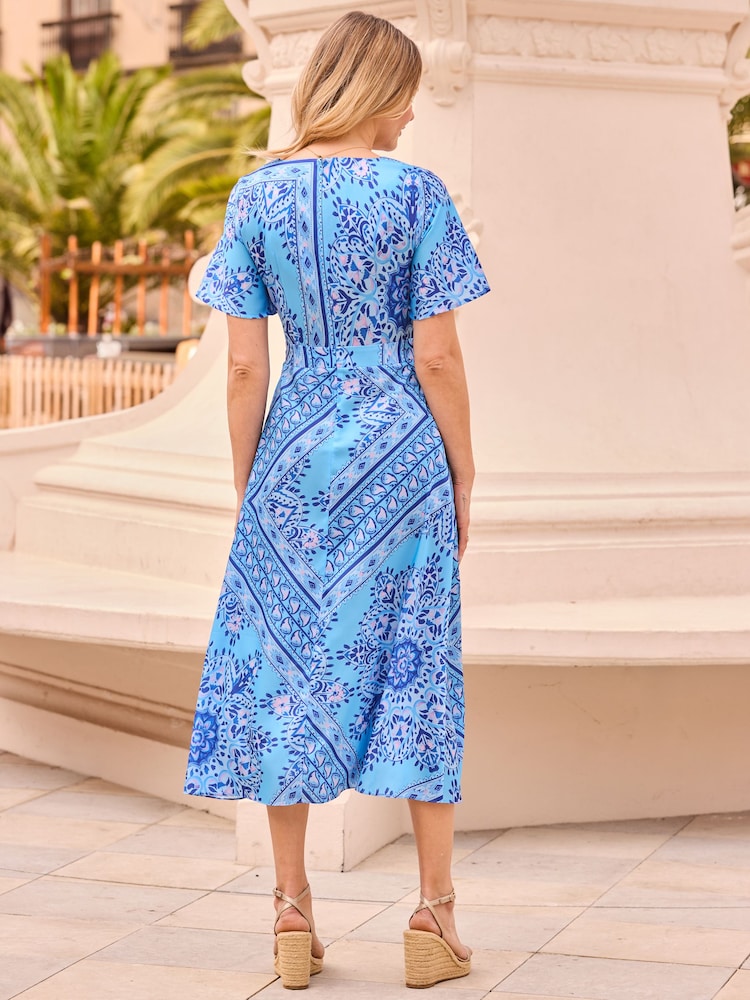 Sosandar Blue Scarf Print Satin Wrap Midi Dress - Image 2 of 5